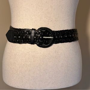 Motif56 Wide Braided Cutout Brown Leather Belt with Silver Hardware
